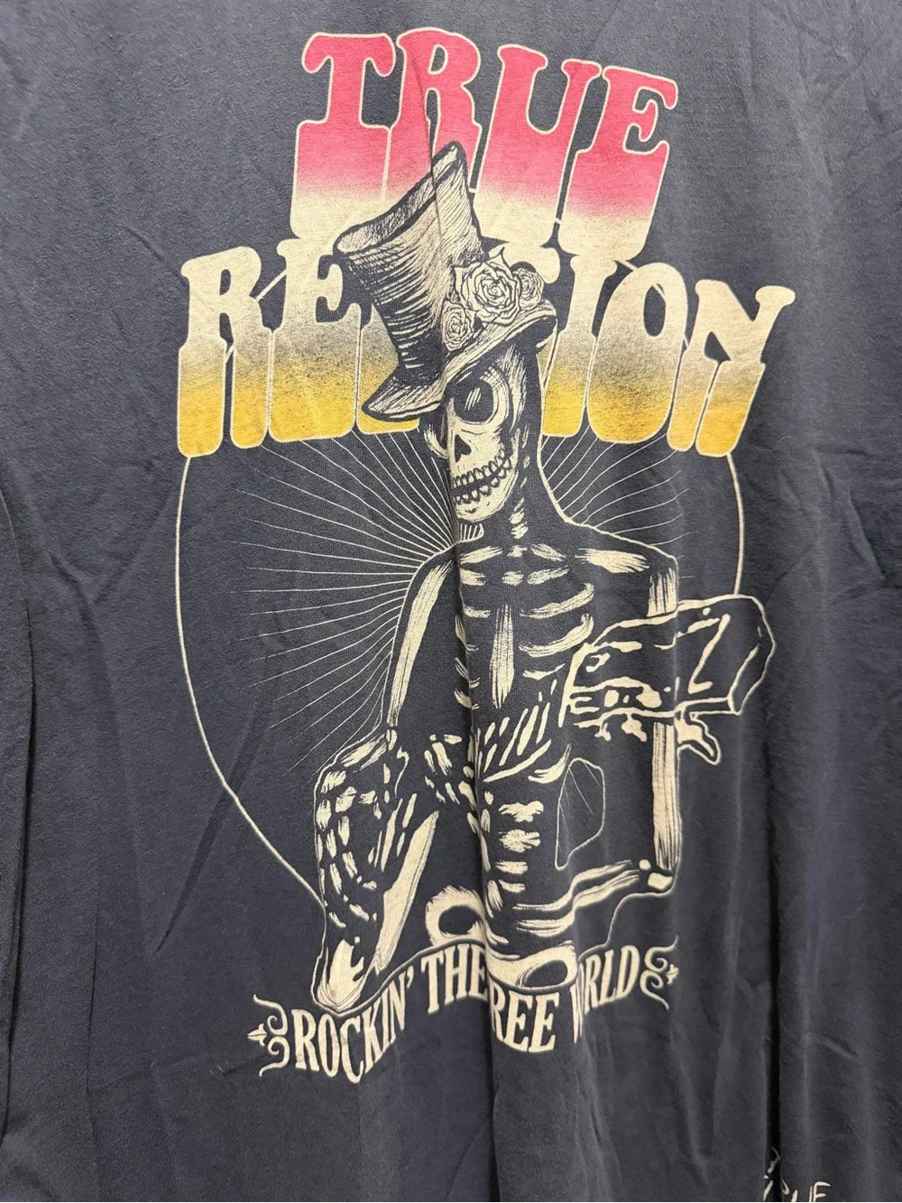 True Religion Black Short-Sleeve Tee with Red and Yellow Graphic